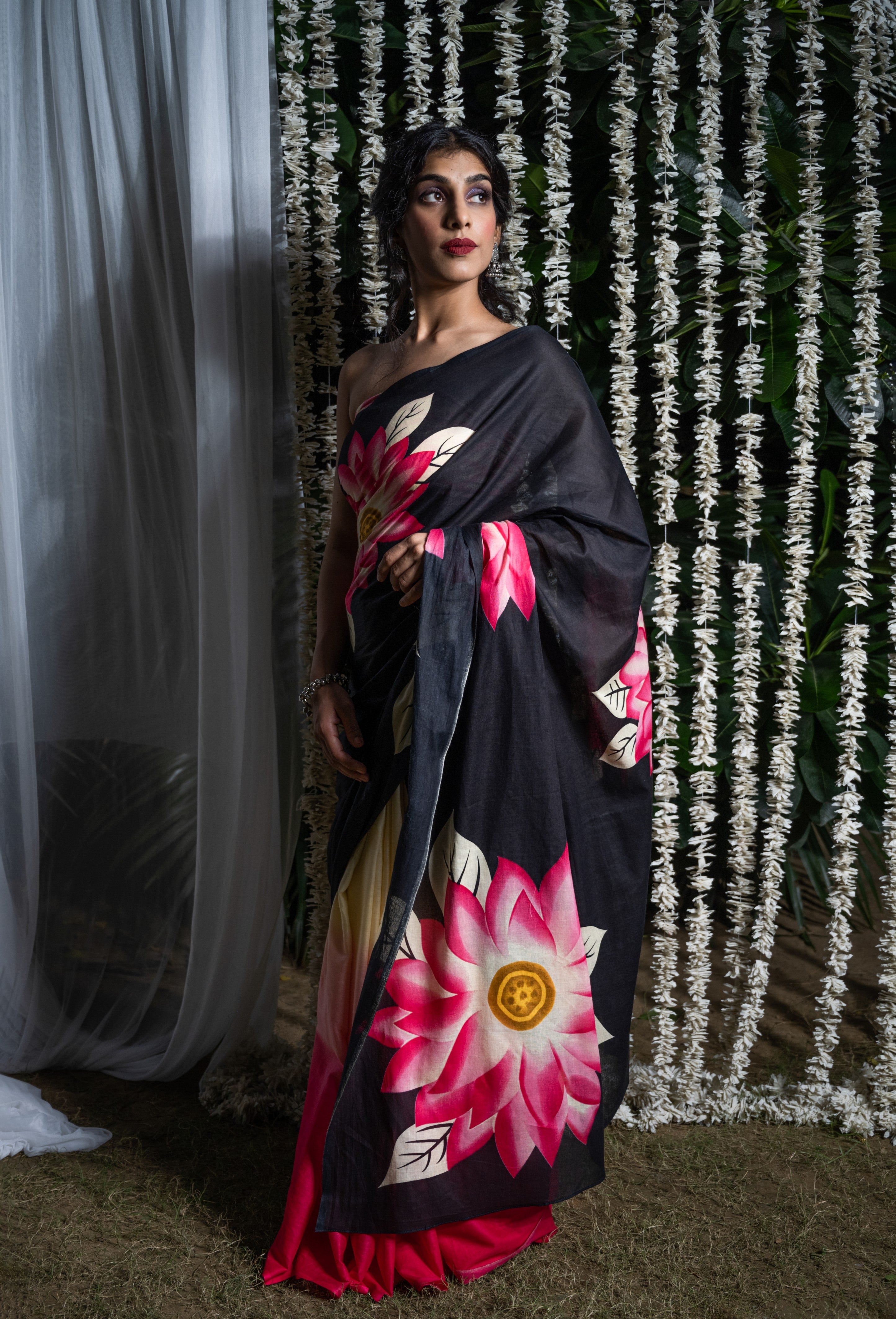 Midnight Lotus Cotton Saree