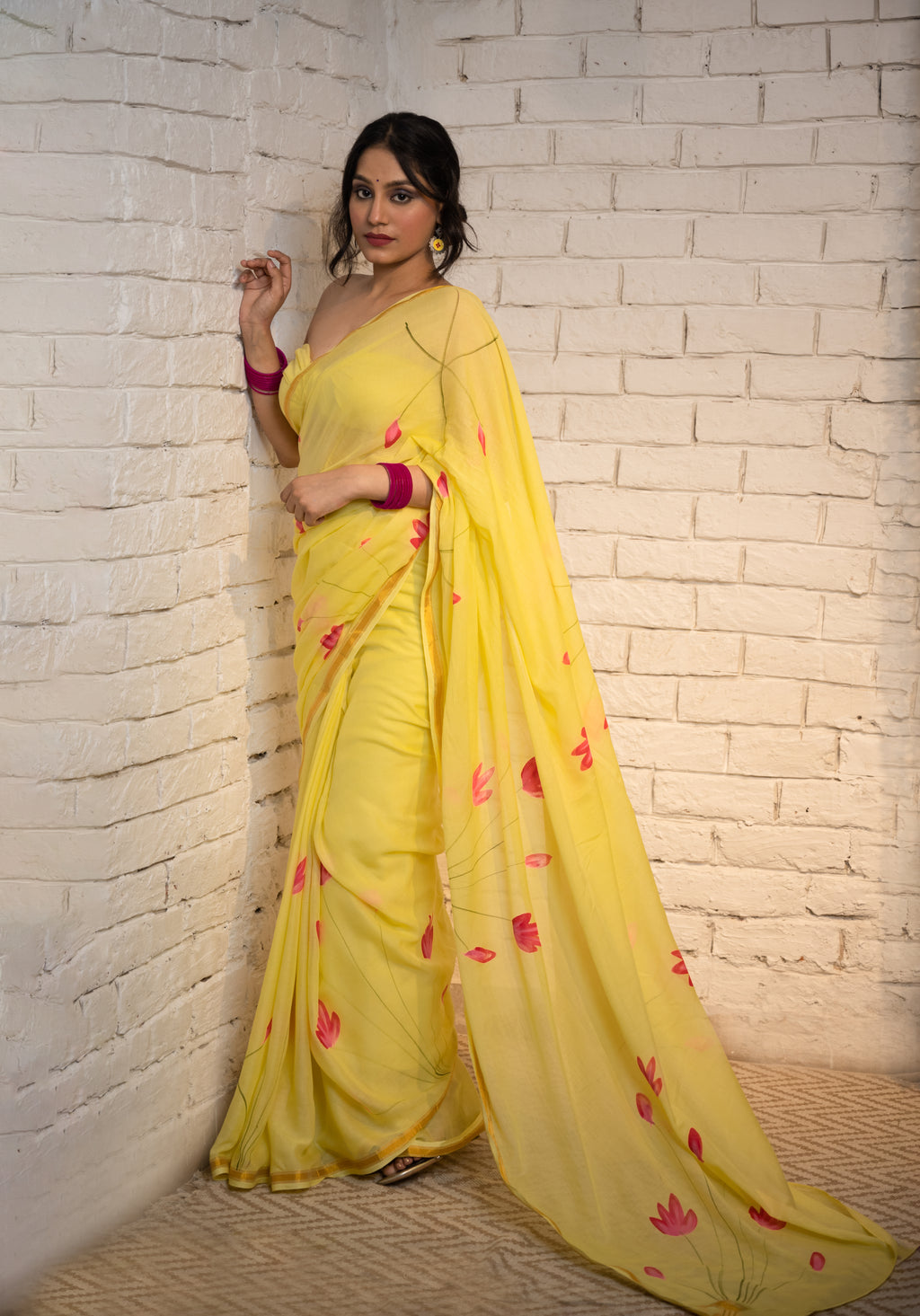 Yellow Lotus Cotton Saree
