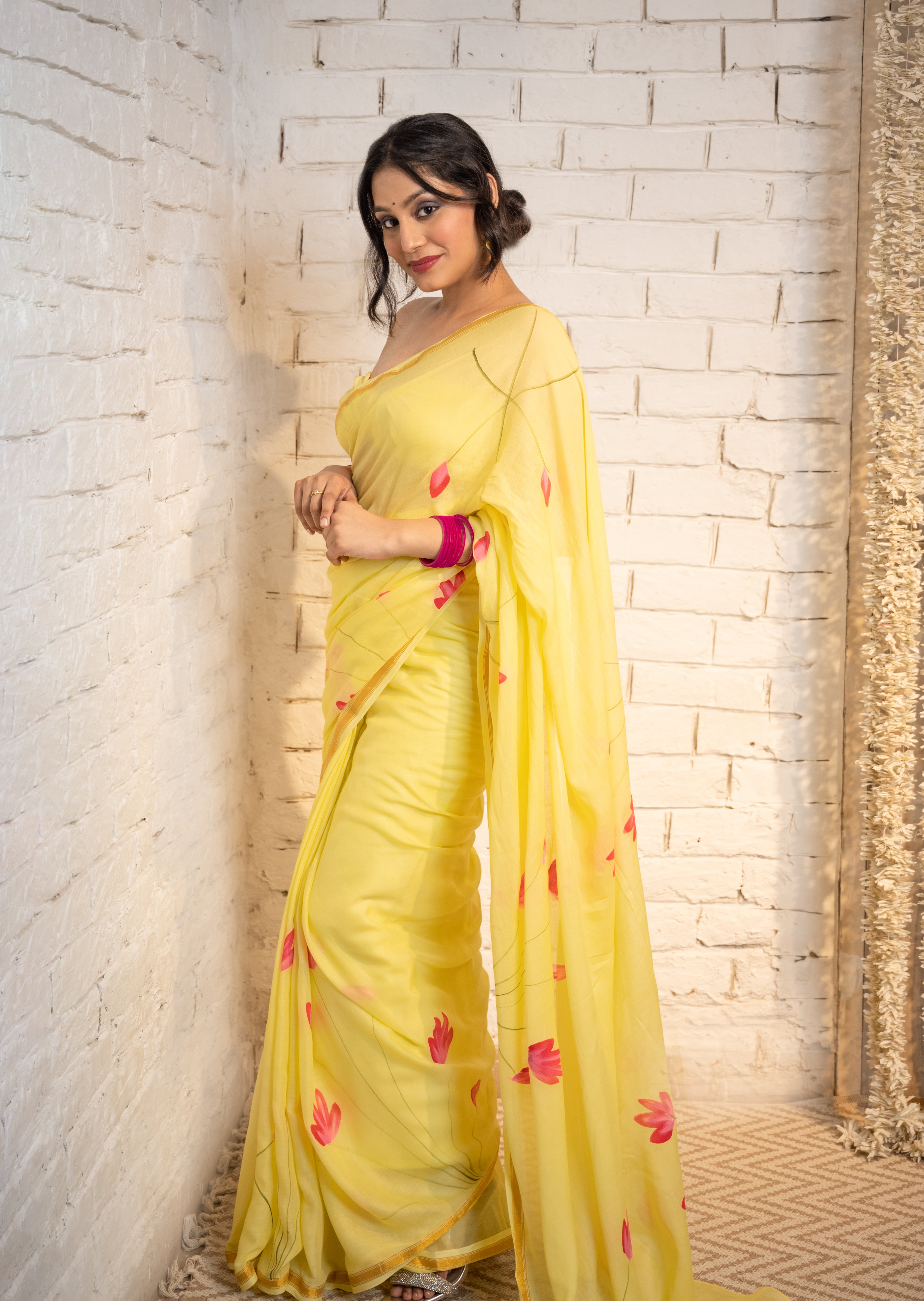 Yellow Lotus Cotton Saree
