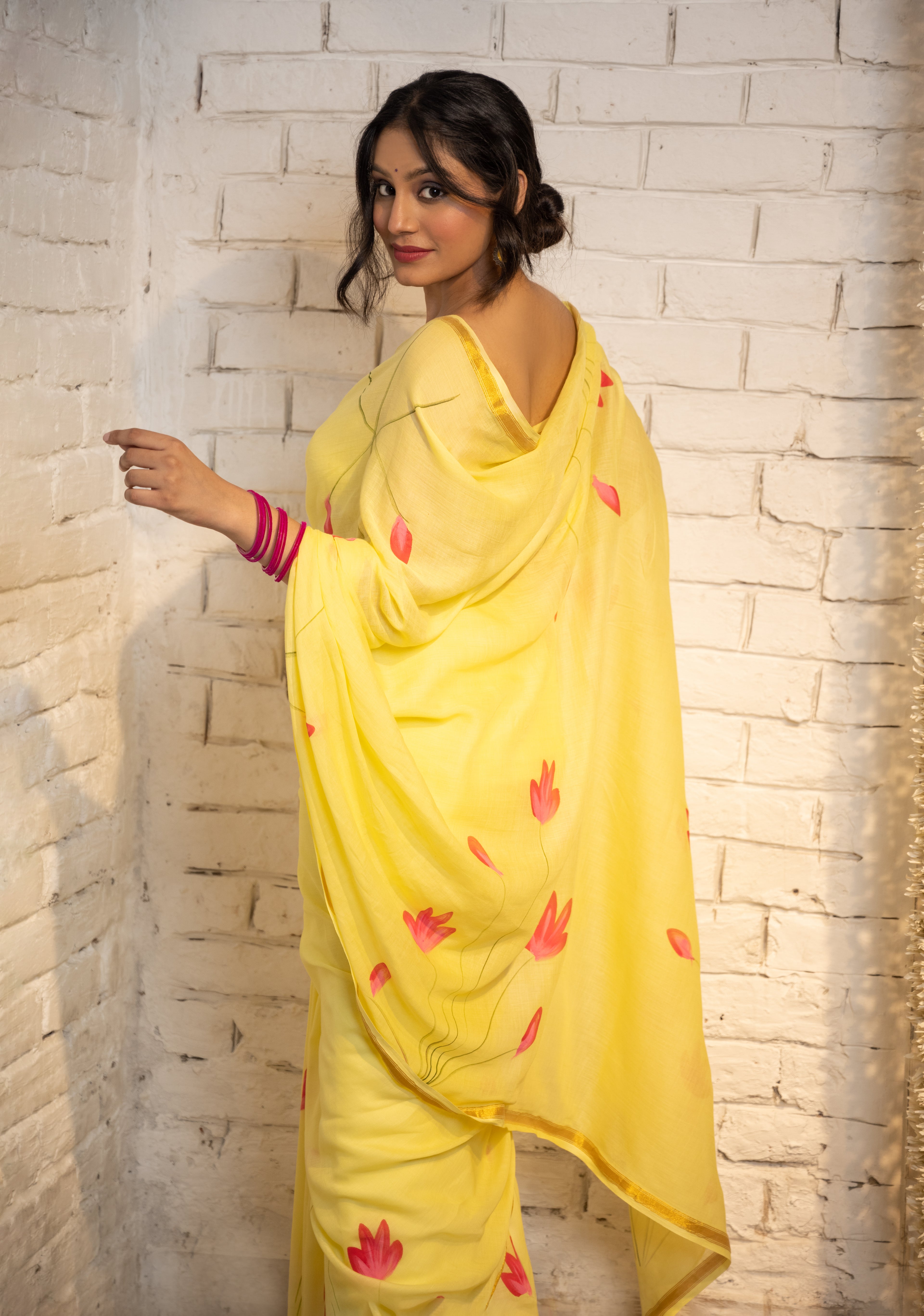 Yellow Lotus Cotton Saree