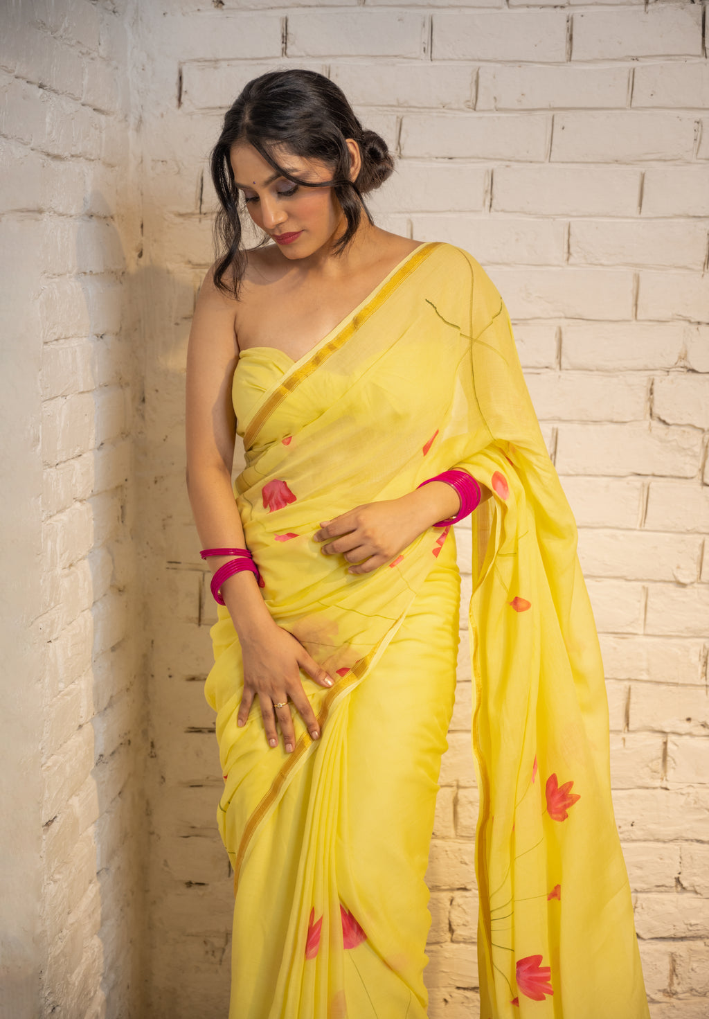Yellow Lotus Cotton Saree