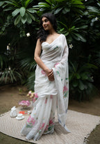 Ivory Lotus Bloom Cotton Saree