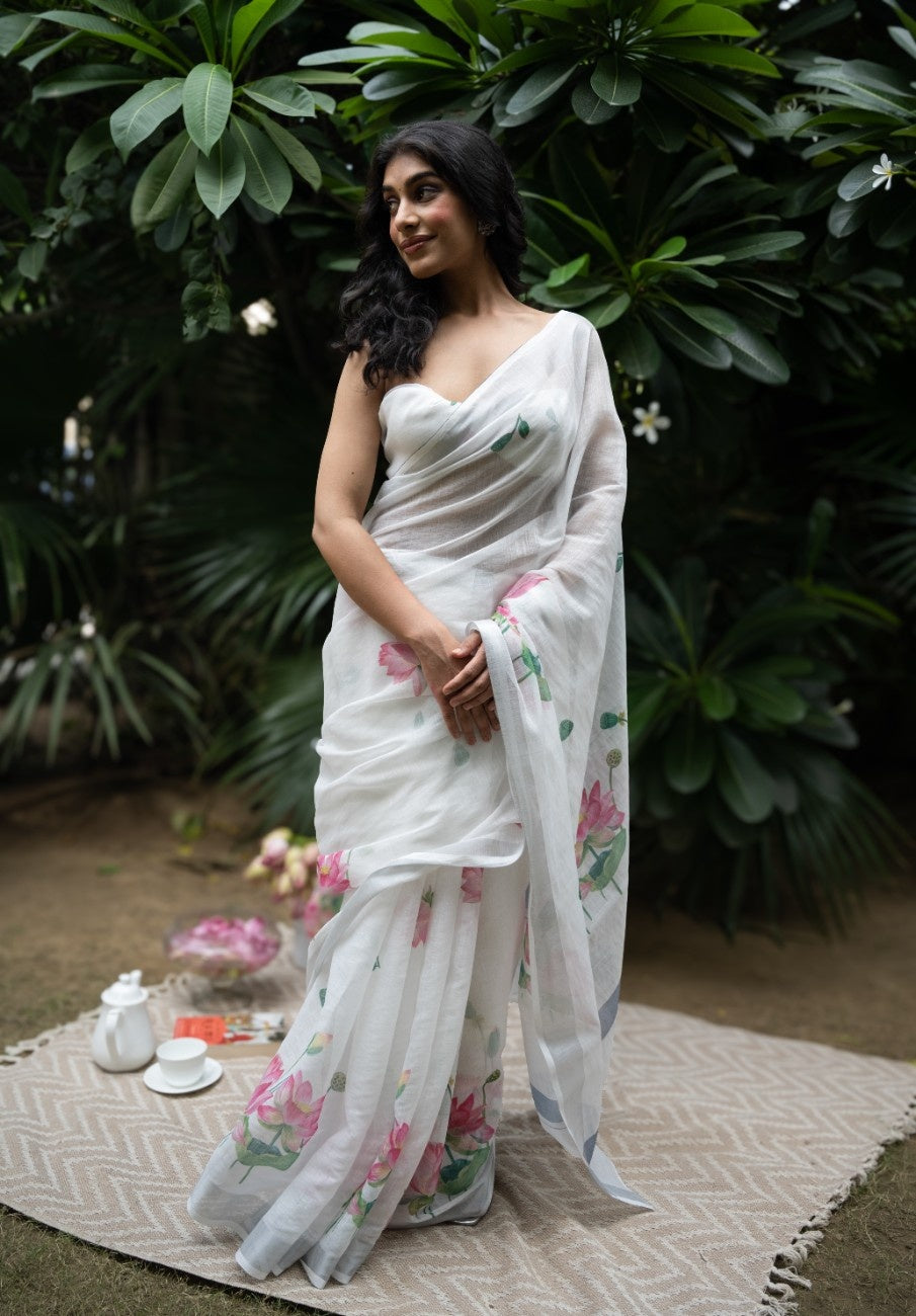 Ivory Lotus Bloom Cotton Saree