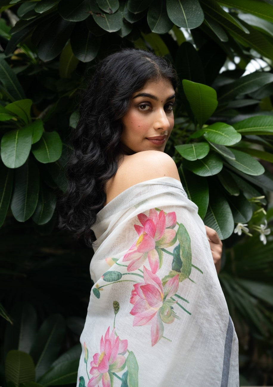 Ivory Lotus Bloom Cotton Saree