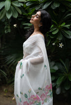 Ivory Lotus Bloom Cotton Saree