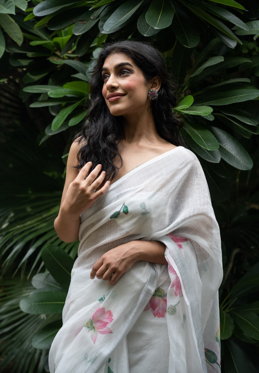 Ivory Lotus Bloom Cotton Saree
